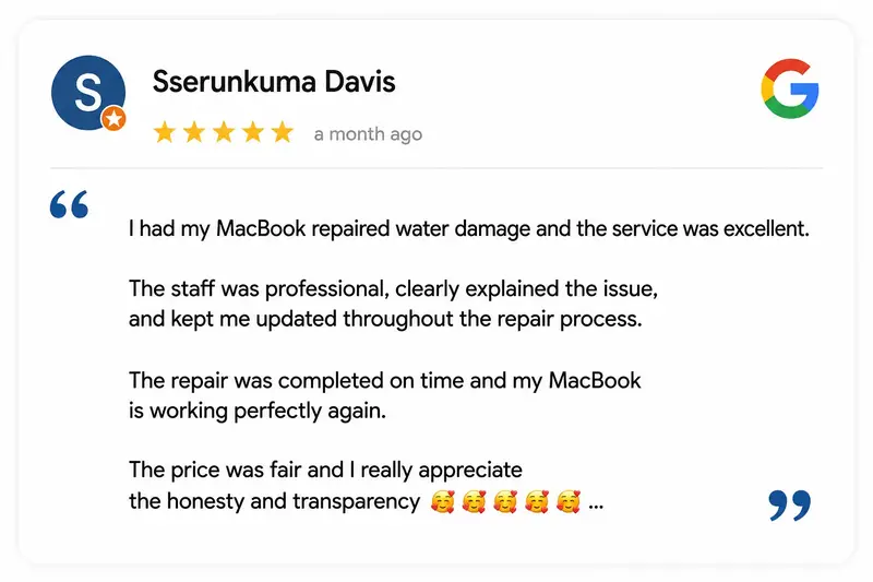 Google review from Sserunkuma Davis, 5 stars: professional staff, kept updated throughout, completed on time and priced fairly.