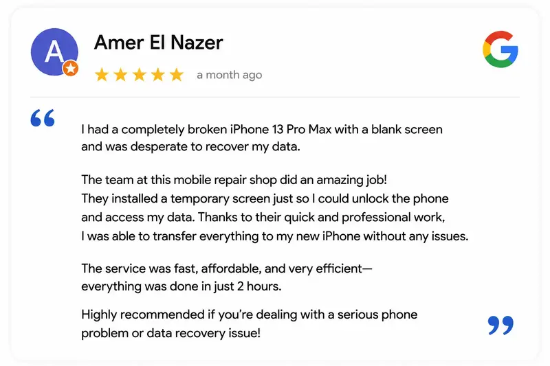 Google review from Amer El Nazer, 5 stars: fast and helpful staff, everything done in just 2 hours.